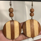 Round Striped Brown and Beige Wood Dangle Earrings