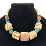 Teal Bead & Beige Wood Bead Necklace