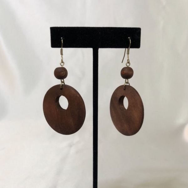 Brown Wooden Round Dangle Beaded Earrings