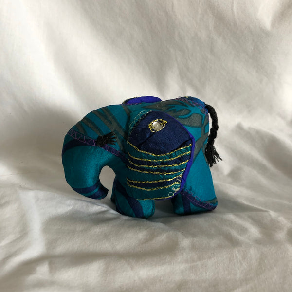 Silk Sari Stuffed Elephant Plush - Dark Blue and Gold Striped