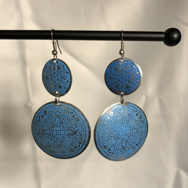 Silver Tone and Blue Dangle Disc Earrings