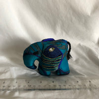 Silk Sari Stuffed Elephant Plush - Dark Blue and Gold Striped