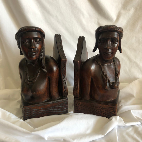 Pair of Wood Tribal People Male and Female Book Ends