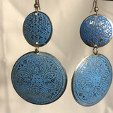 Silver Tone and Blue Dangle Disc Earrings