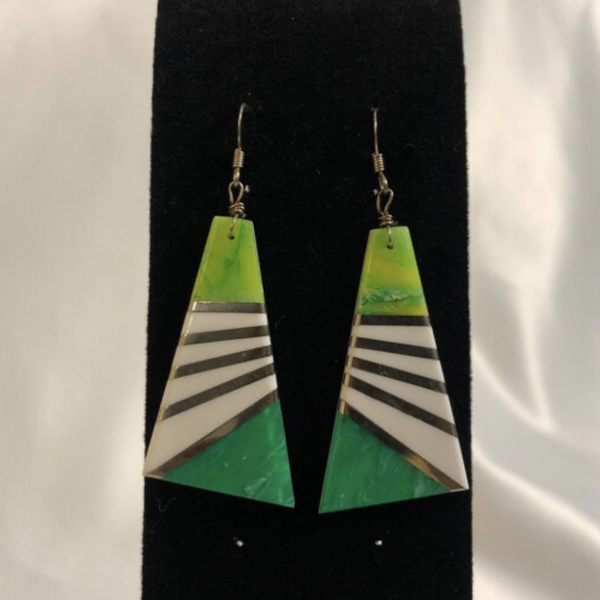 Vintage Green and White Geometric Dangle Earrings