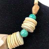 Teal Bead & Beige Wood Bead Necklace