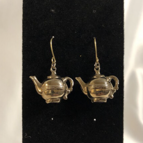 Silver Tone Tea Kettle Dangle Earrings