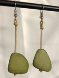 Yarn and Painted Green Wood Bead Dangle Earrings