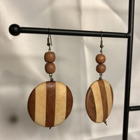 Round Striped Brown and Beige Wood Dangle Earrings