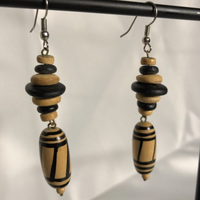 Black and Beige Wood Tribal Dangle Earrings