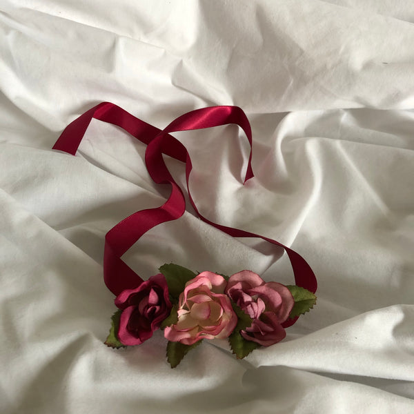 Artificial Flowers on Burgundy Ribbon