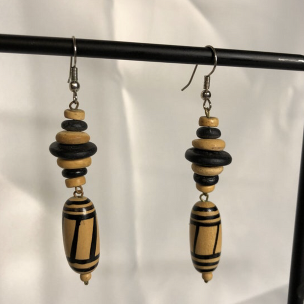 Black and Beige Wood Tribal Dangle Earrings