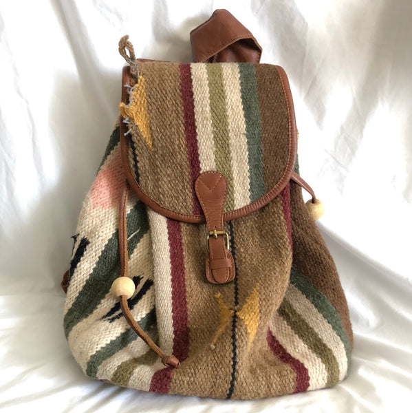 Striped Leather and Fabric Backpack