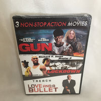 3 Non- Stop Action Movies DVD- Gun- LockDown - Love And A Bullet