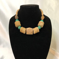 Teal Bead & Beige Wood Bead Necklace