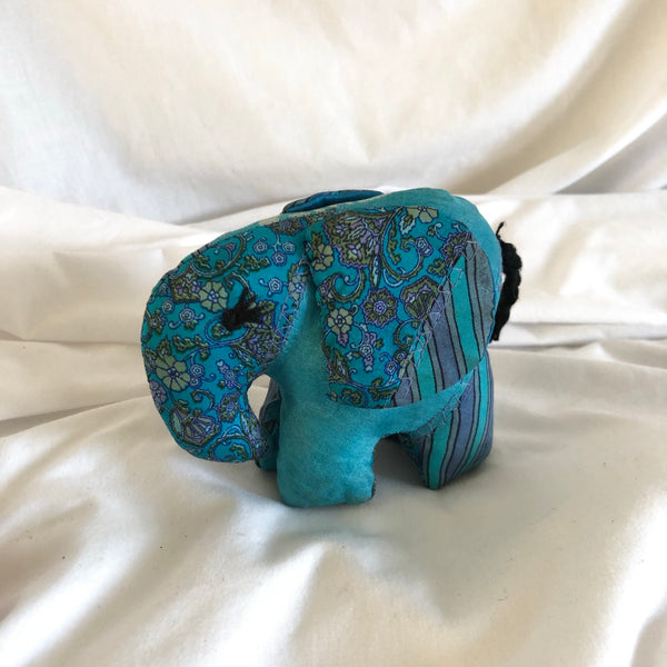 Silk Sari Stuffed Elephant Plush - Blue Striped & Floral