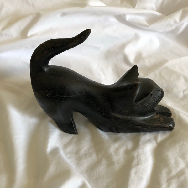 Handcarved Wood Cat Stretching Statue