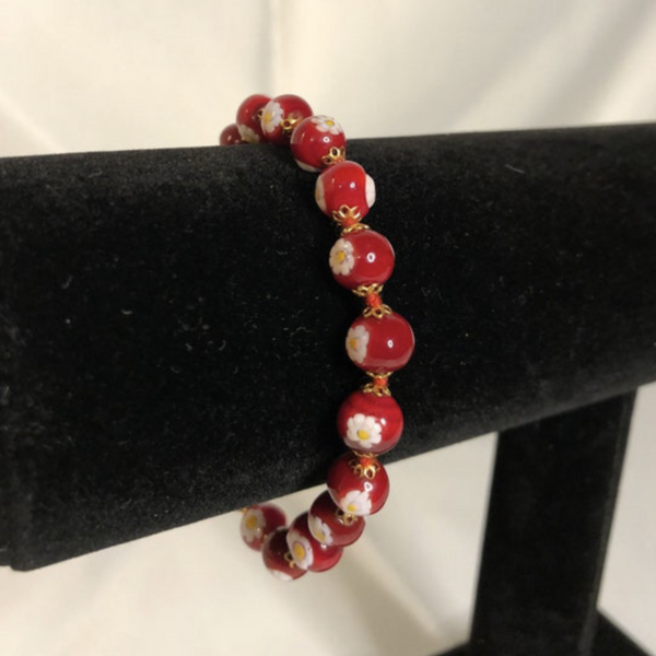 Red Floral Bead Bracelet